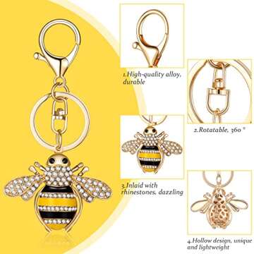 Sureio Rhinestone Bee Keychain 2 Pieces Animal Key Chain Cute Yellow Bee Crystal Keychain with Lobster Clasp Charm Pendant Keyring for Bag Purse Wallet