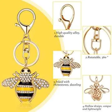Sureio Rhinestone Bee Keychain 2 Pieces Animal Key Chain Cute Yellow Bee Crystal Keychain with Lobster Clasp Charm Pendant Keyring for Bag Purse Wallet