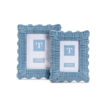 Two's Company Blue Wicker Weave Photo Frames - Handmade Rattan Frames for 4x6 & 5x7 Photos, Boho Des...