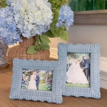 Handmade Blue Wicker Photo Frames - Boho Chic Decor