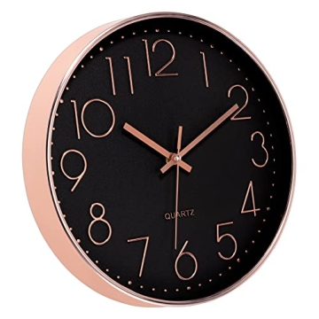Foxtop 12 Inch Wall Clock Silent Non-Ticking Decorative Battery Operated Quartz Round Rose Gold Wall...