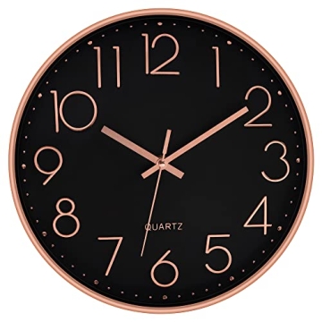 Foxtop 12 Inch Wall Clock Silent Non-Ticking Decorative Battery Operated Quartz Round Rose Gold Wall Clock for Living Room Bedroom Home Office School Decor (Black Dial)