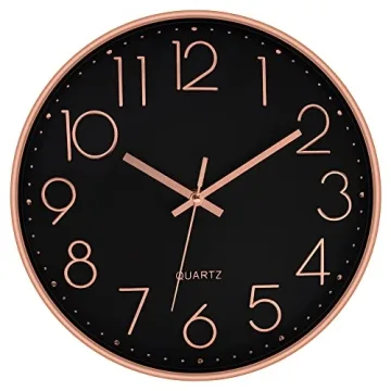 Foxtop 12 Inch Wall Clock Silent Non-Ticking Decorative Battery Operated Quartz Round Rose Gold Wall Clock for Living Room Bedroom Home Office School Decor (Black Dial)