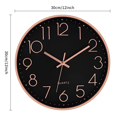 Foxtop 12 Inch Wall Clock Silent Non-Ticking Decorative Battery Operated Quartz Round Rose Gold Wall Clock for Living Room Bedroom Home Office School Decor (Black Dial)