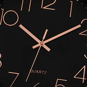 Foxtop 12 Inch Wall Clock Silent Non-Ticking Decorative Battery Operated Quartz Round Rose Gold Wall Clock for Living Room Bedroom Home Office School Decor (Black Dial)