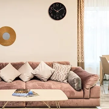 Foxtop 12 Inch Wall Clock Silent Non-Ticking Decorative Battery Operated Quartz Round Rose Gold Wall Clock for Living Room Bedroom Home Office School Decor (Black Dial)