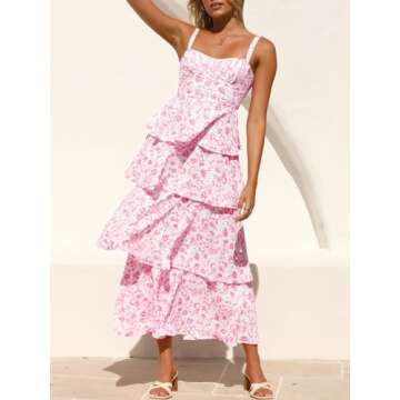 Fisoew Womens Floral Maxi Dresses Spaghetti Strap Casual Sleeveless Ruffle Flowy Tiered Dress Pink