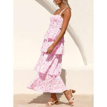 Fisoew Womens Floral Maxi Dresses Spaghetti Strap Casual Sleeveless Ruffle Flowy Tiered Dress Pink