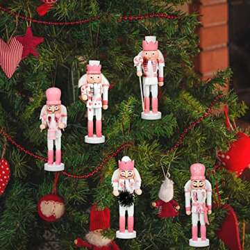 Amyhill 5 Pcs Christmas Nutcracker Ornaments Pink Wooden Nutcracker Hanging Decorations 5 Inch Soldier Nutcracker Figures Christmas Table Decoration Gift for Christmas Tree Holiday Party