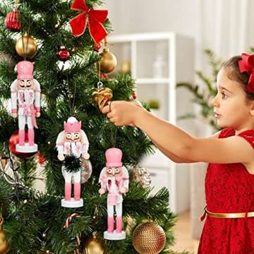 Amyhill 5 Pcs Christmas Nutcracker Ornaments Pink Wooden Nutcracker Hanging Decorations 5 Inch Soldier Nutcracker Figures Christmas Table Decoration Gift for Christmas Tree Holiday Party