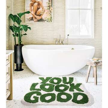 DyeFury 𝗟𝗮𝗿𝗴𝗲 𝟮𝟰" 𝘅𝟯𝟭" You Look Good Bath Mat Green Cute Cool Bathroom Rug Fun Bathroom Mats Funny Funky Bathroom Decor Soft Microfiber Bath Rug, Trendy Green Bath Shower Mat