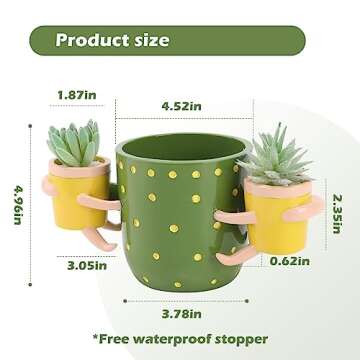 LRYANT Adorable Indoor Plant Pots, 4.52" Flower Pot & 1.87" Small Succulent Pot with Drainage, Cute Pots for Indoor Plants, Handcrafted Green Succulent Planter, Ideal for Plant Lovers