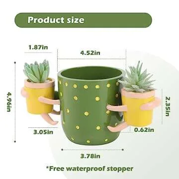 LRYANT Adorable Indoor Plant Pots, 4.52" Flower Pot & 1.87" Small Succulent Pot with Drainage, Cute Pots for Indoor Plants, Handcrafted Green Succulent Planter, Ideal for Plant Lovers