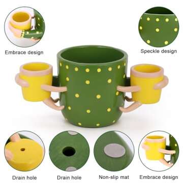 LRYANT Adorable Indoor Plant Pots, 4.52" Flower Pot & 1.87" Small Succulent Pot with Drainage, Cute Pots for Indoor Plants, Handcrafted Green Succulent Planter, Ideal for Plant Lovers