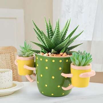 LRYANT Adorable Indoor Plant Pots, 4.52" Flower Pot & 1.87" Small Succulent Pot with Drainage, Cute Pots for Indoor Plants, Handcrafted Green Succulent Planter, Ideal for Plant Lovers