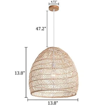 DANGGEOI Woven Rattan Pendant Light, Curved Rattan Bamboo Chandelier, 1 Light Beige Ceiling Hanging Light for Kitchen Island Living Room Bedroom Restaurant (13.8" x 13.8")