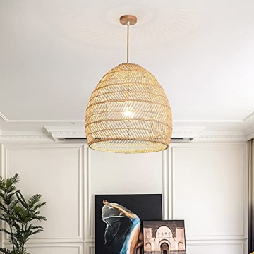 DANGGEOI Woven Rattan Pendant Light, Curved Rattan Bamboo Chandelier, 1 Light Beige Ceiling Hanging Light for Kitchen Island Living Room Bedroom Restaurant (13.8" x 13.8")
