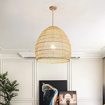 DANGGEOI Woven Rattan Pendant Light, Curved Rattan Bamboo Chandelier, 1 Light Beige Ceiling Hanging Light for Kitchen Island Living Room Bedroom Restaurant (13.8" x 13.8")