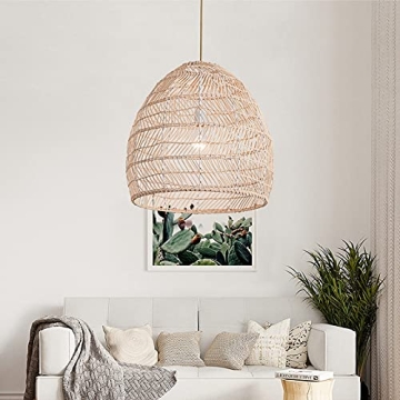 DANGGEOI Woven Rattan Pendant Light, Curved Rattan Bamboo Chandelier, 1 Light Beige Ceiling Hanging Light for Kitchen Island Living Room Bedroom Restaurant (13.8" x 13.8")