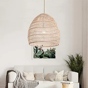 DANGGEOI Woven Rattan Pendant Light, Curved Rattan Bamboo Chandelier, 1 Light Beige Ceiling Hanging Light for Kitchen Island Living Room Bedroom Restaurant (13.8" x 13.8")