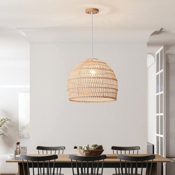 DANGGEOI Woven Rattan Pendant Light, Curved Rattan Bamboo Chandelier, 1 Light Beige Ceiling Hanging Light for Kitchen Island Living Room Bedroom Restaurant (13.8" x 13.8")