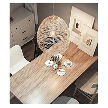 DANGGEOI Woven Rattan Pendant Light, Curved Rattan Bamboo Chandelier, 1 Light Beige Ceiling Hanging Light for Kitchen Island Living Room Bedroom Restaurant (13.8" x 13.8")