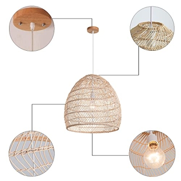 DANGGEOI Woven Rattan Pendant Light, Curved Rattan Bamboo Chandelier, 1 Light Beige Ceiling Hanging Light for Kitchen Island Living Room Bedroom Restaurant (13.8" x 13.8")