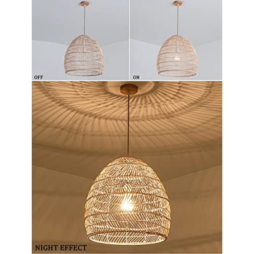 DANGGEOI Woven Rattan Pendant Light, Curved Rattan Bamboo Chandelier, 1 Light Beige Ceiling Hanging Light for Kitchen Island Living Room Bedroom Restaurant (13.8" x 13.8")