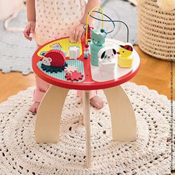 Janod Baby Forest Wooden Activity Table - 4 Play Areas - 23.2" Tall - Ages 1+ - J08018