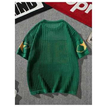 BEAUDRM Women's Y2K Jersey Shirts Oversized Number Crochet Hollow Out Jersey Tee Sweater Crew Neck Short Sleeve Knit T Shirts Green Large