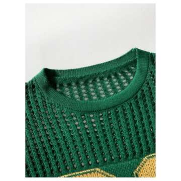 BEAUDRM Women's Y2K Jersey Shirts Oversized Number Crochet Hollow Out Jersey Tee Sweater Crew Neck Short Sleeve Knit T Shirts Green Large