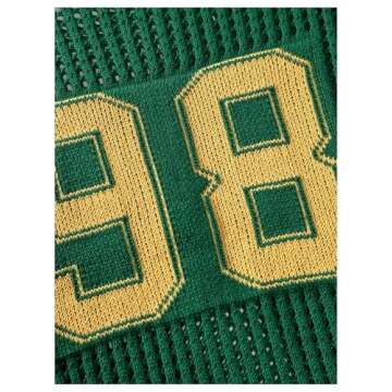 BEAUDRM Women's Y2K Jersey Shirts Oversized Number Crochet Hollow Out Jersey Tee Sweater Crew Neck Short Sleeve Knit T Shirts Green Large