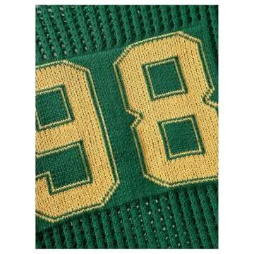 BEAUDRM Women's Y2K Jersey Shirts Oversized Number Crochet Hollow Out Jersey Tee Sweater Crew Neck Short Sleeve Knit T Shirts Green Large