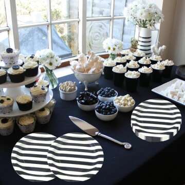 Dulousia Black Striped Paper Plates 72pcs - 9inch Round Party Plates for Dessert, Cakes, Fruits
