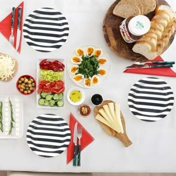 Dulousia Black Striped Paper Plates 72pcs - 9inch Round Party Plates for Dessert, Cakes, Fruits