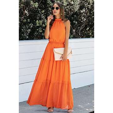 PRETTYGARDEN Women’s Casual Halter Neck Sleeveless Floral Long Maxi Dress Backless Loose Ruffle Sundress with Belt (Y-Orange,Small)