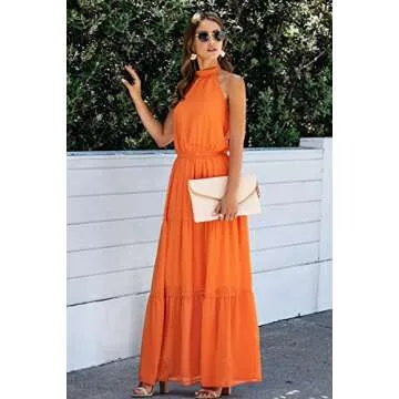PRETTYGARDEN Women’s Casual Halter Neck Sleeveless Floral Long Maxi Dress Backless Loose Ruffle Sundress with Belt (Y-Orange,Small)
