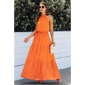 PRETTYGARDEN Women’s Casual Halter Neck Sleeveless Floral Long Maxi Dress Backless Loose Ruffle Sundress with Belt (Y-Orange,Small)