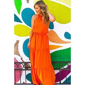 PRETTYGARDEN Women’s Casual Halter Neck Sleeveless Floral Long Maxi Dress Backless Loose Ruffle Sundress with Belt (Y-Orange,Small)