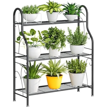 SORCEDAS Plant Stand Indoor Outdoor Plant Stands 3 Tier Metal Corner Plant Shelf Multiple Holder for Living Room Balcony Garden, Dark Grey