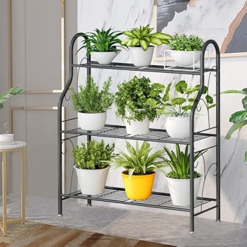 SORCEDAS Plant Stand Indoor Outdoor Plant Stands 3 Tier Metal Corner Plant Shelf Multiple Holder for Living Room Balcony Garden, Dark Grey
