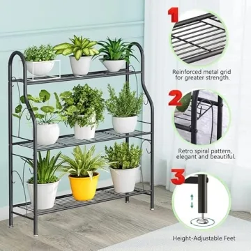 SORCEDAS Plant Stand Indoor Outdoor Plant Stands 3 Tier Metal Corner Plant Shelf Multiple Holder for Living Room Balcony Garden, Dark Grey