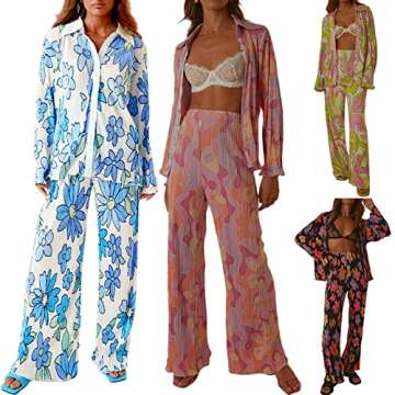 Women 2 Piece Pleated Pants Set Boho Floral Print Long Sleeve Button Down Shirt Summer Cute Linen Pants Outfits (Black, M)