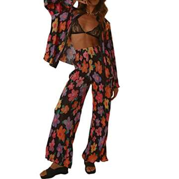 Women 2 Piece Pleated Pants Set Boho Floral Print Long Sleeve Button Down Shirt Summer Cute Linen Pants Outfits (Black, M)