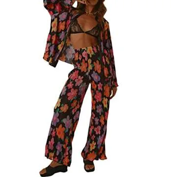 Women 2 Piece Pleated Pants Set Boho Floral Print Long Sleeve Button Down Shirt Summer Cute Linen Pants Outfits (Black, M)