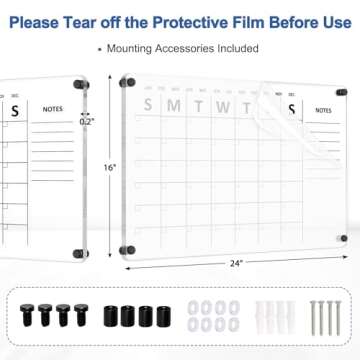 AMUSIGHT Clear Acrylic Calendar for Wall, 24" x 16" Clear Calendar Dry Erase Board, Monthly Planner for Home, Office, Erasable Whiteboard Calendar, Monthly Organizer Schedule Reusable