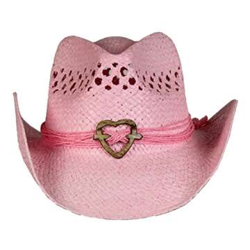SADDLEBACK HATS Vented Straw Cowboy Hat w/Wood Heart Band –Shapeable Cowgirl Western (Pink)