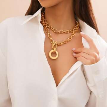 Long tiantian Layered Chunky Necklace for Women Gold Cuban Link Chain Carabiner Necklace Punk Statem...