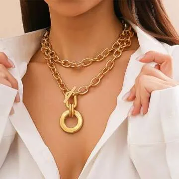Long tiantian Layered Chunky Necklace for Women Gold Cuban Link Chain Carabiner Necklace Punk Statement Necklace Chunky Choker Necklace Jewelry Gifts for Teen Girls