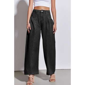 PLNOTME Womens Baggy High Waisted Jeans Loose Boyfriend Wide Leg Side Pleated Denim Pants Black
